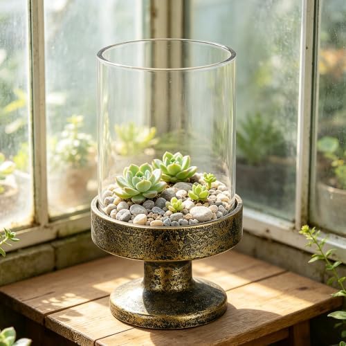 5" Wide Glass Hurricane Candle Holders and Glass Vase with Metal Base in Antique Gold, Handmade and Sturdy Glass, Pillars, Flower Arrangement, Centerpiece, Dining Table, Console Table, Mantel - Image 5