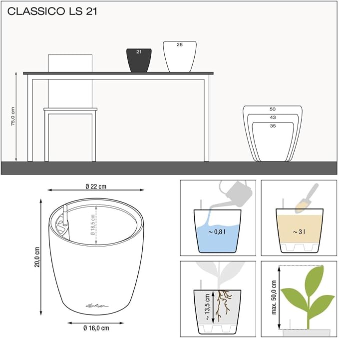 Lechuza Classico LS 21 Charcoal Metallic, Self-Watering Round Planter, D8.3 H7.9 in
