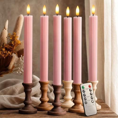 6 Pack, 10" LED Flameless Real Wax Dusty Rose Fluted Ribbed Grooved Taper Candles, Remote & 24h Timer Memory, On/Off Button, Dimmable, Flicker Mode, Battery Operated, Wedding by WestIvory