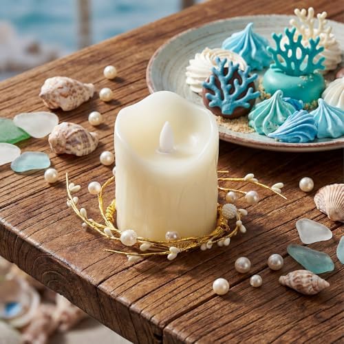 Daifunli 2 Pcs Pearl White Berry and Pip Gold Wire Candle Rings Vintage Pip Berries Wreaths for Pillar 3.9 Inch Candles Holder for Summer Ocean Beach Rustic Table Centerpiece Decor - Image 4