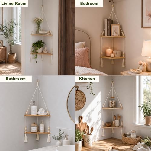Artilady Macrame Wall Hanging Corner Shelf, Adjust Boho Storage Wall Decor - Image 3