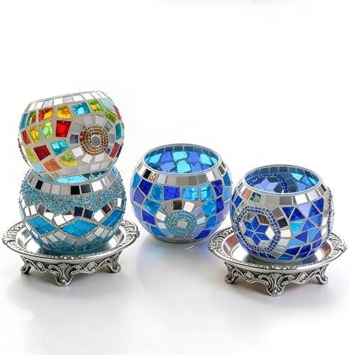 4PCS Mosaic Tealight Candle Holder Set - Blue Mediterranean Glass Votive Candle Holder for Summer Ocean Decor & Diwali Decorationr & Diwali Gift - Image 2