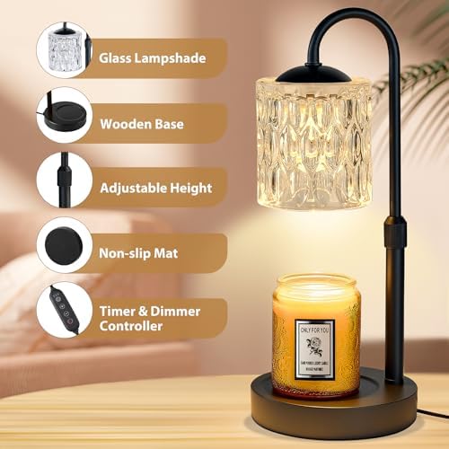 Briever Dimmable Candle Warmer Lamp with Timer, Height Adjustable Electric Candle Wax Warmer, Christmas Birthday Gifts for Women Mom, House Warming Gifts New Home Decor, Black Base with Glass Shade - Image 2