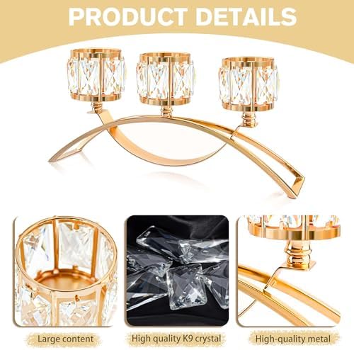 3 Arms Crystal Candle Holders, Arch Candlestick Table Candelabras Centerpieces for Wedding, Dinning Room, Cabinet Ornaments, Home Decoration， Gift (3-arm Arched, Gold) - Image 4