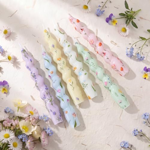 6pcs Pastel Floral Spiral Taper Candle 7.1" Flower Twisted Candlestick - Image 3