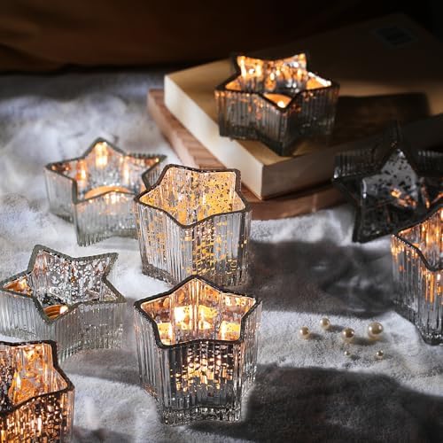 Letine 10pcs Silver Ribbed Star Candle Cups - Assorted Height Tea Light Holders, Votive Candle Holders forWedding, Fall Table Centerpiece, Mercury Glass Lucky Star Jar Decor(Tall 2.44", Short 1.57") by LETINE