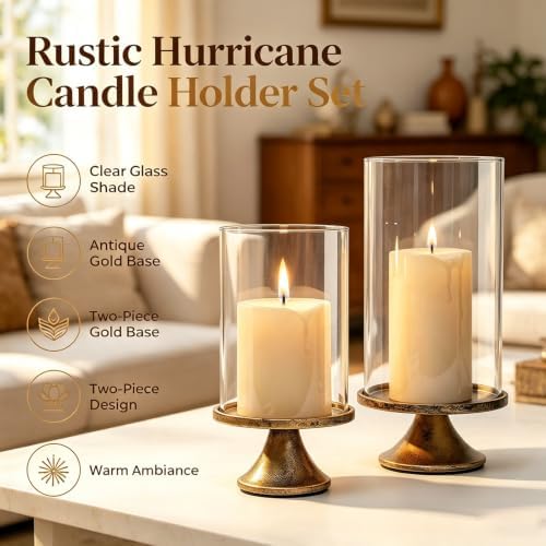 Hurricane Glass Candle Holders Set of 2, with Glass Dome and Iron Base, Vintage Decorative Pillar Candle Holder for Mantel, Living Room, Dining Room Centerpiece, Home Decor - Image 3