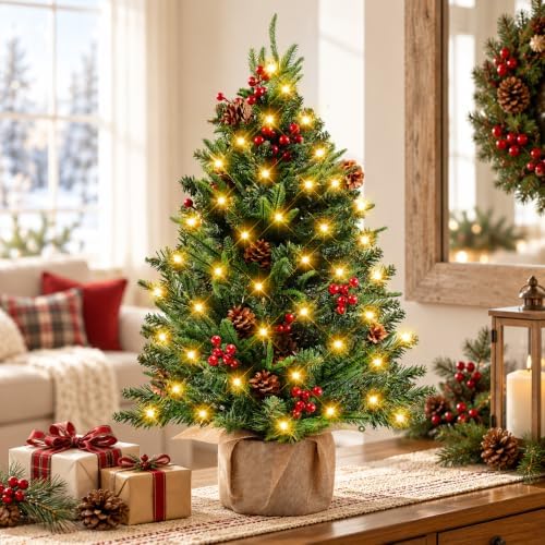 Pre-Lit 2FT Tabletop Christmas Tree Xmas Tree w/ Dual Color 60 LEDs by DTNESS