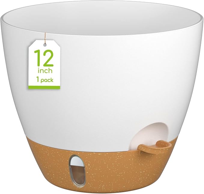 12 Inch Self Watering Pot for Indoor Outdoor Plants, Large Plastic Planter with Visual Water Window, Drainage Holes & Watering Lip, Modern Decorative Flower Pot (White)