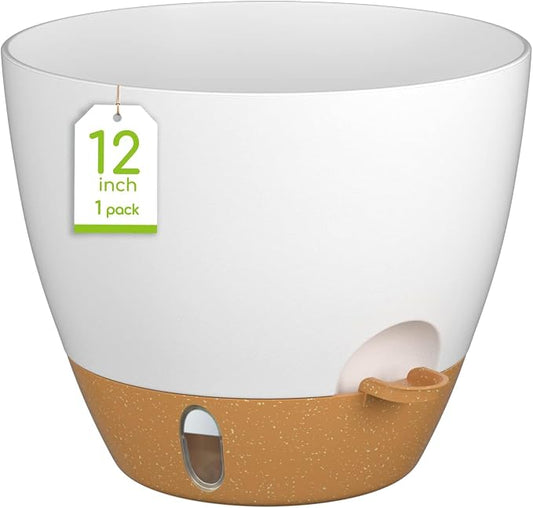 12 Inch Self Watering Pot for Indoor Outdoor Plants, Large Plastic Planter with Visual Water Window, Drainage Holes & Watering Lip, Modern Decorative Flower Pot (White)