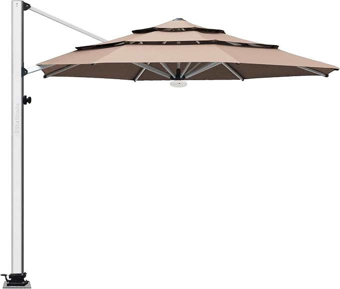 EliteShade USA APOLLO 3-Tier 11FT Full Aluminum Cantilever Patio Umbrella for Outdoor restaurant Garden Courtyard Deck Pool and Marketing with Light,Heather Beige