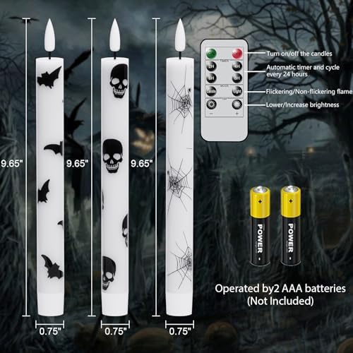GenSwin Flameless Taper Candles with Remote Timer, 6Pcs LED Flickering Taper Candles Battery Operated Real Wax with Spider Webs/Skull/Bats Decals for Halloween Spooky Decoration (White, 0.78”x9.65”) - Image 7