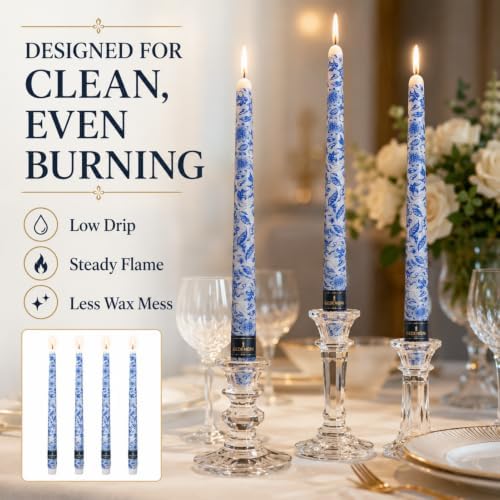 Blue Floral Taper Candles 10in-Chinoiserie Candlesticks for Table Decor - Image 6