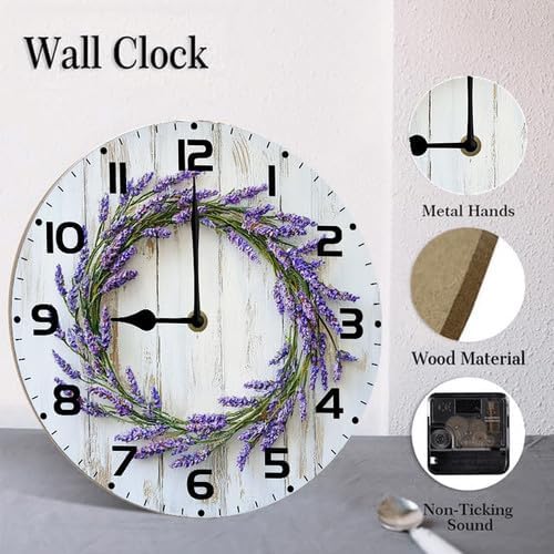 Lavender Wooden Silent Non-Ticking 10 Inch Round Clocks Battery Operated Analog for Living Room Kitchen Bedroom Bathroom Office Home School Decor