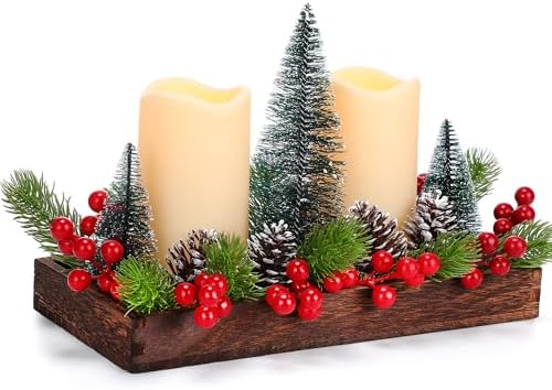 Cinnvoice Christmas Centerpiece Arrangement Set Rustic Wood Tray with LED Candles Artificial Christmas Floral Picks and Pine Cones in Wooden Box Tiered Tray Decor with Red Berries Mini Christmas Tree by QinYee