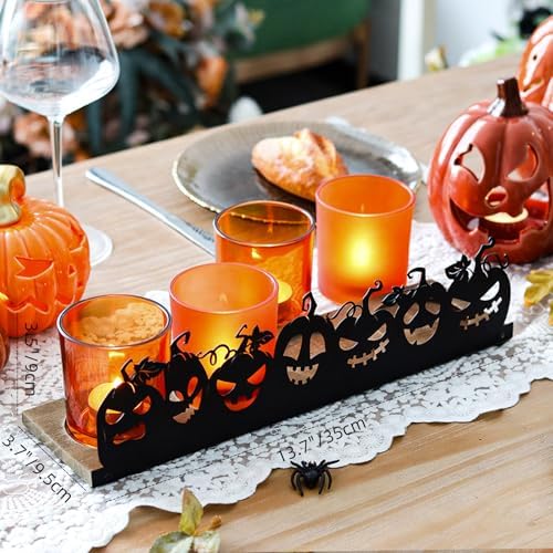 Jack o Lantern Halloween Candle Holder Set, 4 Orange Glass Votive Holders with Metal Pumpkin Charms & Wooden Tray, Spooky Indoor/Outdoor Halloween Decor for Parties, Mantel, Tables - Image 7