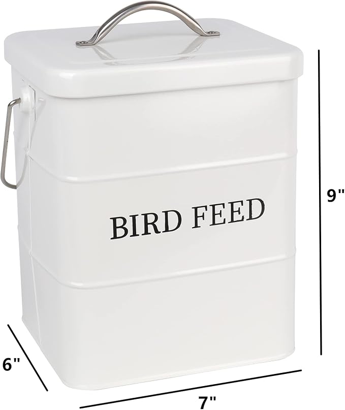 DEAYOU Pet Food Storage Tin with Lid, Metal Bird Seed and Feed Container with Serving Scoop, Treats Storage Canister Bin Can for Dogs, Cats Food, Coated Carbon Steel, Tight Fitting Lid, White, 5-6 Lbs