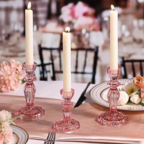Pink Candlestick Holders Set of 6, Glass Taper Candle Holders - Image 3