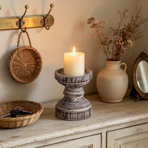 SOFE Wood Pillar Candle Holder, Handmade Farmhouse Candle Holders 6“ Tall - Image 3