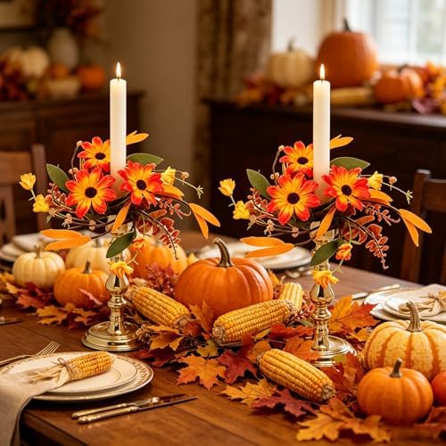 4 PCS Fall Daisy Taper Candle Rings 1.38" Mini Artificial Autumn Flower Taper Candle Holder Wreaths with Thanksgiving Harvest Floral Table Centerpieces Decor for Candlesticks Farmhouse Home Decor - Image 2