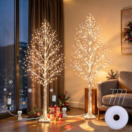 2Pack 5FT Lighted Birch Tree, Warm White LED Faux Tree for Home Decor by FLVOECN