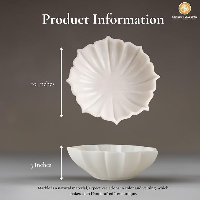 SWADESHI BLESSINGS HandCrafted Marble Lotus Bowl/Organic Modern Home Decor Bowl/Fruit Bowl/Vintage Ring Dish/Decorative Flower Dish/HouseWarming Gifts/Wedding Gifts/Urli (10 Inches)