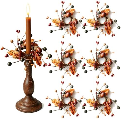 6 Pcs 1.38" Mini Fall Thanksgiving Taper Candle Rings Wreaths Small Artificial with Autumn Oak Leaves Acorns Berries Taper Candle Holder Wreath for Candlesticks Table Centerpieces Harvest Decor by Unknown