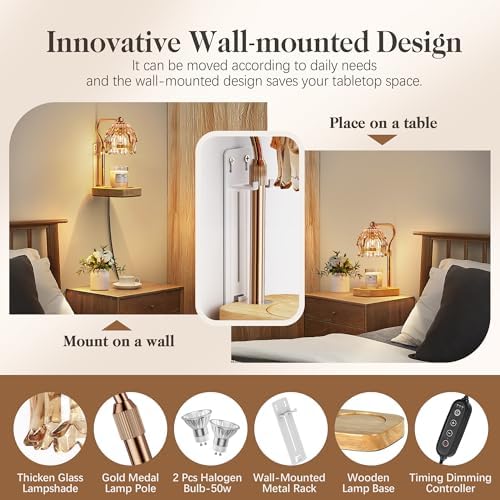 Candle Warmer Lamp with Timer Dimmer, Modern Wax Warmer for Scented Wax Jar Candle Warmer with 2 Bulbs, Adjustable Height Glass Lamp for Gifts for Women, Home Decor, Gold Amber - Image 4