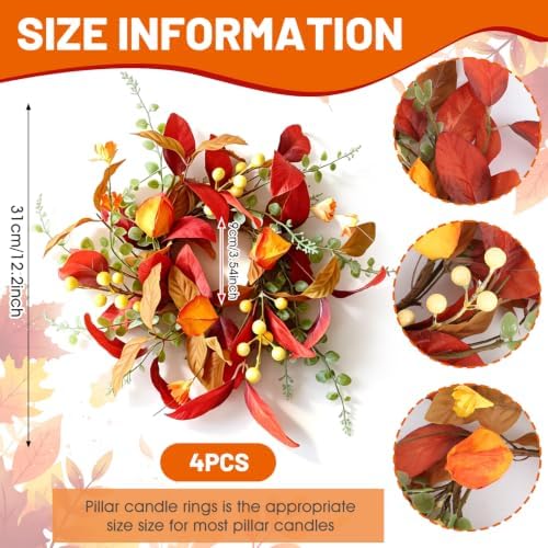4 PCS Fall Candle Ring Wreaths Artificial Autumn Candle Holder Wreath - Image 4