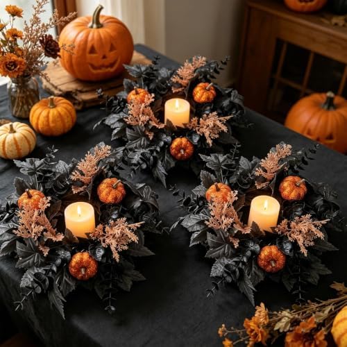 4 PCS Halloween Candle Rings Wreaths Artificial 3.5 Inch Black Maple Leaves Glitter Orange Pumpkin Candle Rings Mini Wreath for Pillar Candle Halloween Party Home Table Indoor Outdoor Decorations - Image 3