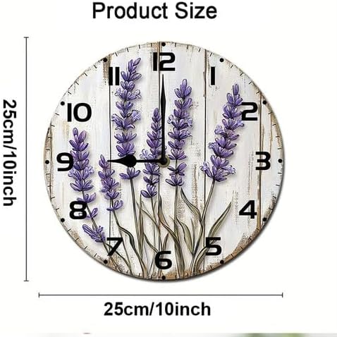 Lavender Flower Wooden Silent Non-Ticking 10 Inch Round Clocks Battery Operated Analog for Living Room Kitchen Bedroom Bathroom Office Home School Decor