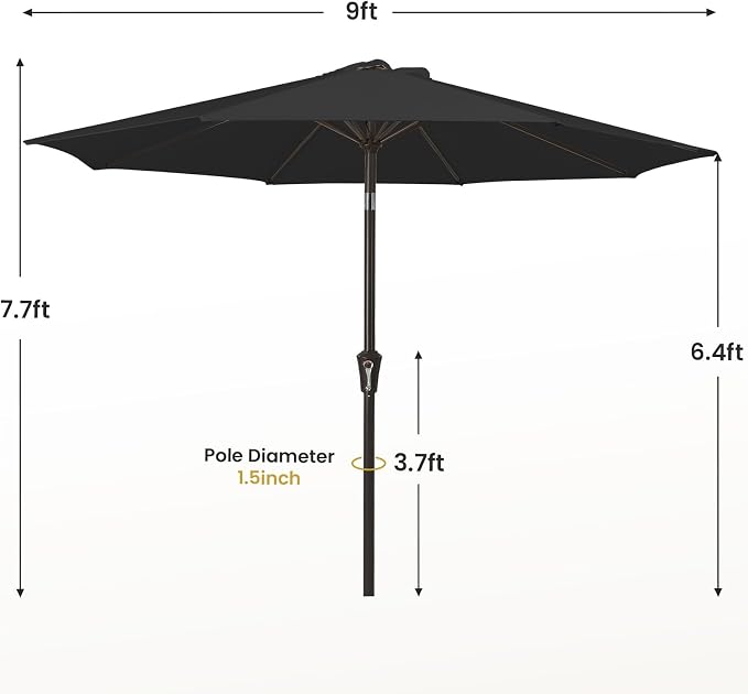 MEWAY 9ft Patio Umbrella Outdoor Table Umbrellas with Push Button Tilt and Crank, Market Umbrella 8 Sturdy Ribs for Deck, Garden, Pool and Backyard, Black