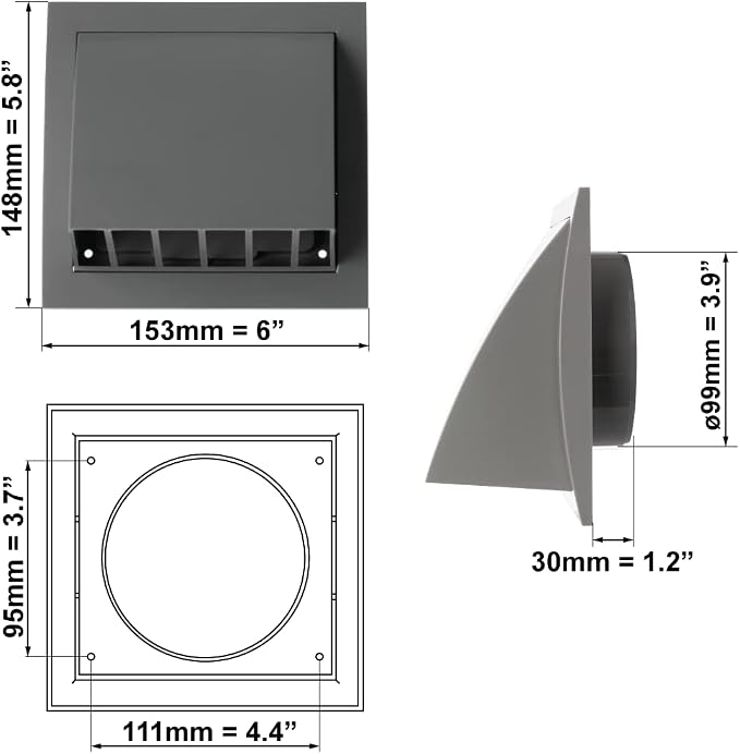 4 Inch Exhaust Hood Vent with Rain Cover and Flap - Outdoor Air Vent Cover - HVAC Exhaust Cap - ABS Plastic Grey