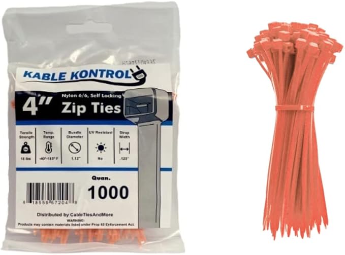 Kable Kontrol Orange Zip Ties 4 Inch 1000 Pcs, 18 Lbs Tensile Strength, Self-locking Nylon Colored Cable Ties Wire Wraps for Indoor or Outdoor Use