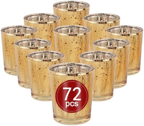 72pcs Gold Glass Tea Light Holders - Votive Candle Holders Bulk for Weddings Events - Glass Votives for Wedding Centerpieces, Christmas, Thanksgiving - Candle Accessories Decor (72, Gold) by BTGLLAS