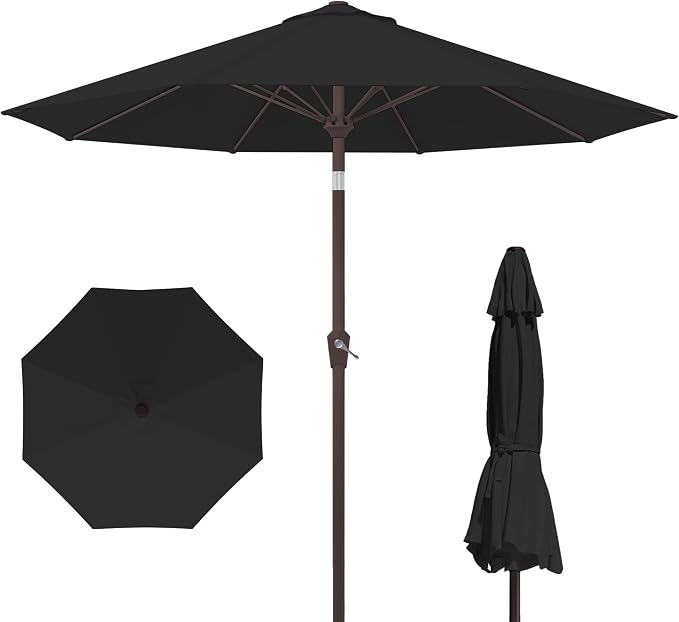 Kingdura 9FT Outdoor Patio Umbrella, Round Market Table Umbrella with Push‑Button Tilt and Crank Lift, 8 Sturdy Metal Ribs, UV50+ Protection Canopy for Backyard, Lawn, Deck, Poolside, Garden (Black)
