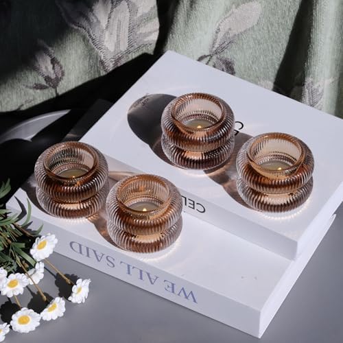 Woho Amber Votive Candle Holders, Ribbed Tealight Candle Holder Set of 6 - Image 5