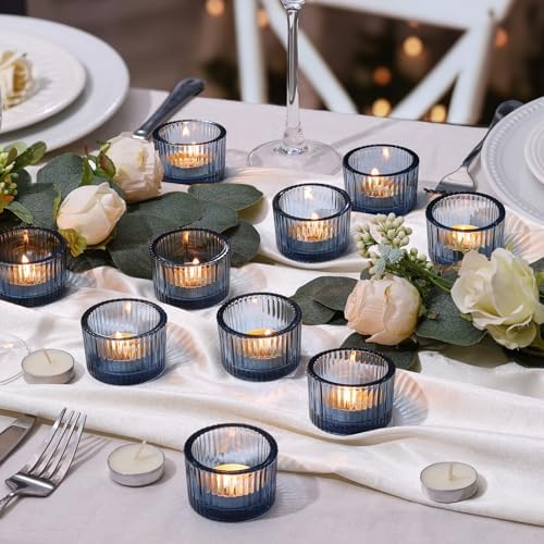 NITIME 30Pcs Blue Tealight Candle Holder, Ribbed Votive Candle Holders Glass with 32pcs Tea Light Candles for Wedding Decor, Home Decor and Party Decor - Image 4