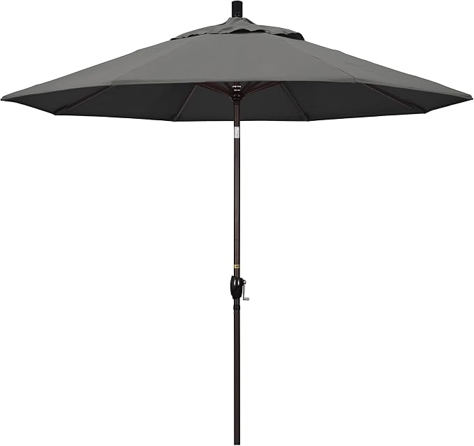 California Umbrella 9' Round Aluminum Market Umbrella, Crank Lift, Push Button Tilt, Bronze Pole