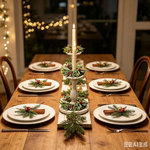 6 Pcs 1.38" Mini Christmas Taper Candle Rings Wreaths Small Artificial with Variegated Holly Leaves Red Berries White Cedar Sprigs Frosted Baby Breath Taper Candle Holder Wreath for Table Candlesticks - Image 3