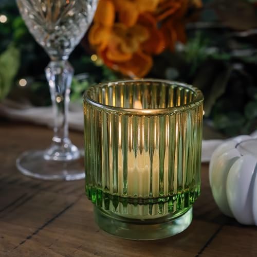 Kate Aspen Vintage Ribbed Glass Candle Holder Decor, Green Votive Candle Holders for Holiday Table Decor, Tealight Candles Holder Glass (Set of 6), Dinning & Christmas Table Decoration Tablescape - Image 2
