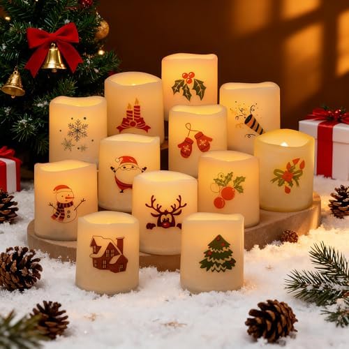 Battery Operated Flameless LED Votive Candles with Christmas Decals 12 PCS by CANDLE+CHOICE