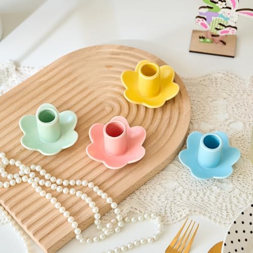 Colorful Ceramic Candlestick Holders Set of 4, Cute Easter Taper Candle Holders Chic Flower Shaped Table Centerpiece for Wedding Festive Spring Party or Home Decor (Flower Style) - Image 4