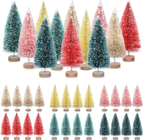 24 Pcs 4 Inch Mini Christmas Tree Bottle Brush Trees Artificial Frosted Sisal Christmas Tree with Wood Base for Christmas Decoration and Display Home Tabletop(Multicolored) by Yuxung