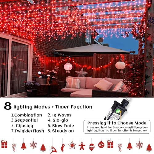 Red Christmas Icicle Lights for Outside – 66ft 640 LED Waterproof Curtain Lights with 120 Twinkle Drops, Outdoor Holiday Decorations for House Roof, Garden, Patio & Indoor Wall - Image 3