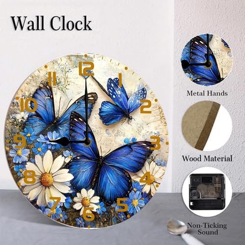 Butterflies Wildflower Wooden Silent Non-Ticking 10 Inch Round Clocks Battery Operated Analog for Living Room Kitchen Bedroom Bathroom Office Home School Decor