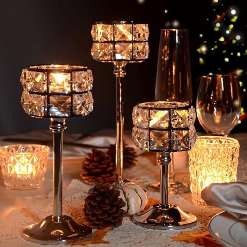 Crystal Metal Candle Holder, Square Crystal Beads Bling Tea Light Candlestick, Tall Votive Candelabra Elegant Centerpiece for Table Wedding Decoration, Home Decor (Silver, 4 Set (12pcs) - Image 7
