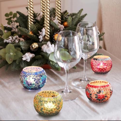 SHMILMH Votive Candle Holder Set of 4, Diwali Decoration for Home, Handmade Mosaic Glass Tealight Candle Holders for Table Centerpiece Decor,Diwali Thanksgiving - Image 6