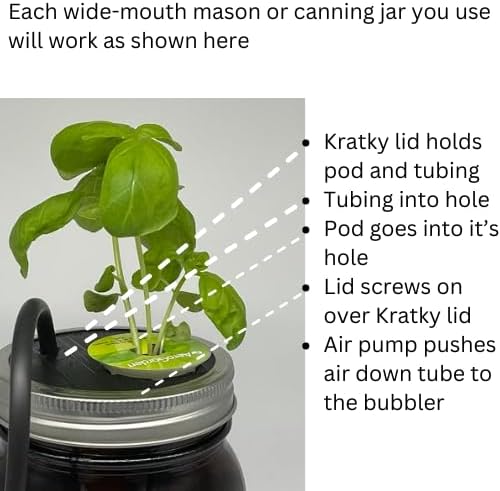 ZXYPRO® Improved Airline Kratky Lid Kit, Fits Wide-Mouth Canning Jar, Pumps Air into up to 4 Wide-Mouth Kratky Jars, Robust Pump And All Tubing And Connectors Included