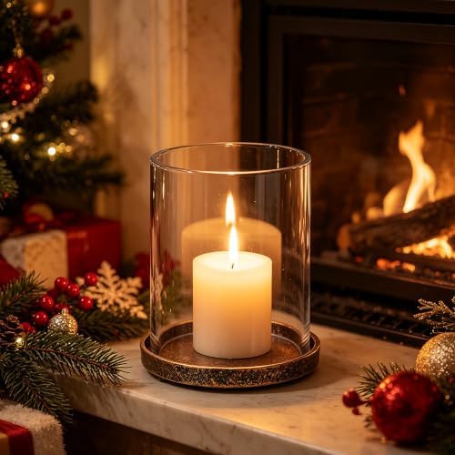 5" Wide Glass Hurricane Candle Holder with Cast Iron Base in Antique Gold for Pillar, Thick and Sturdy Glass Cylinder, Farmhouse, Shabby Chic for Mantels, Tabletops, Centerpieces, Entryways - Image 3